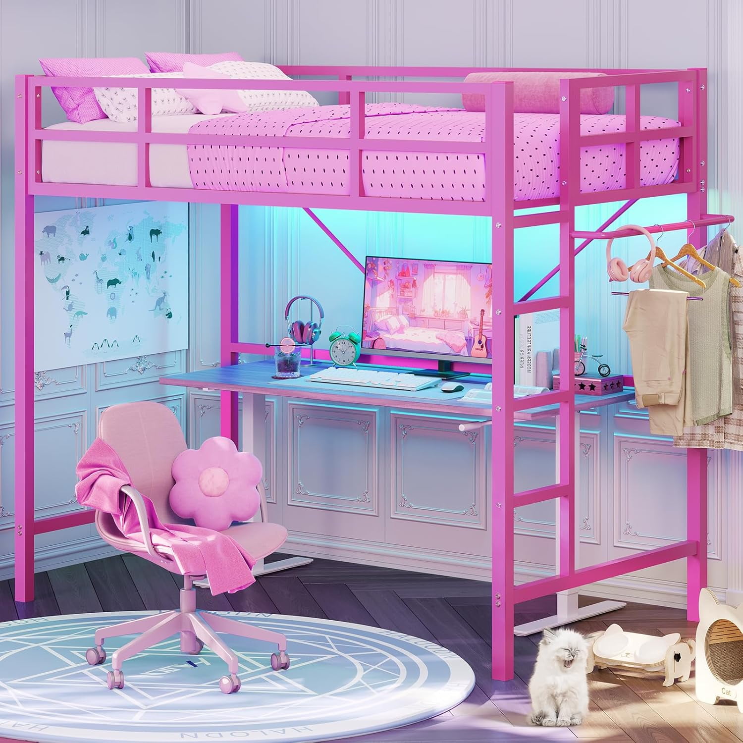 Twin Size Loft Bed Frame with Led Lights, Metal Loft Bed Frame with Full-Length Guardrail and Ladder, No Box Spring Needed, Pink